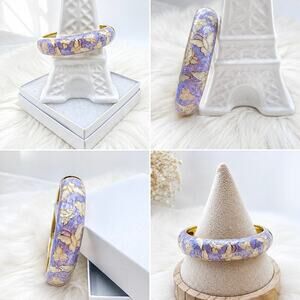 Lavender Butterfly Enamel Hinged Bangle Bracelet Gold Tone